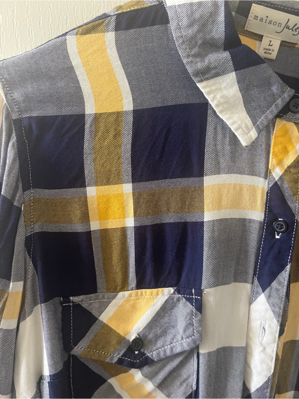 Women’s Large Maison Jules Black, Yellow, & White Plaid Button-Down Shirt - Picture 6 of 9